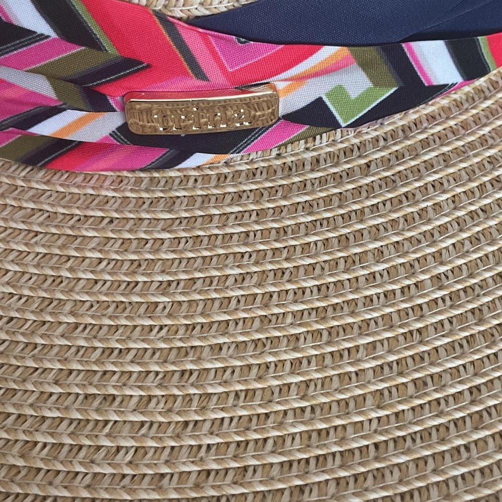 Trina Turk Azure Wide Brim Straw Adjustable Fedora with Pink Patterned Band NWT - Picture 6 of 9
